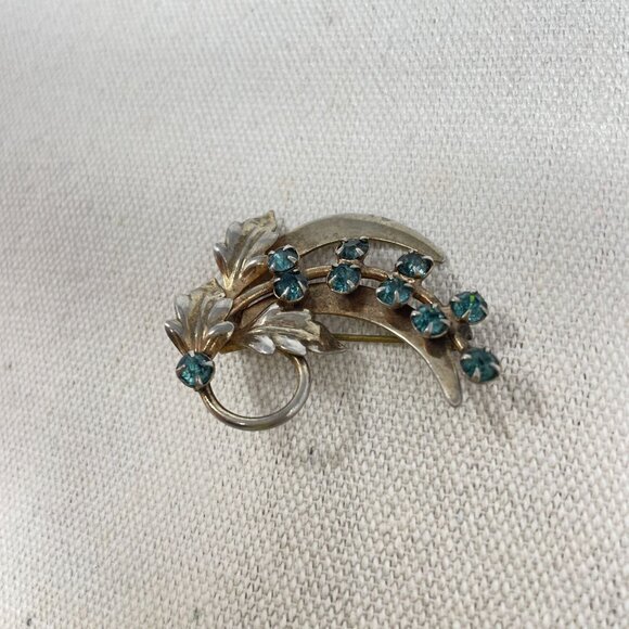 Vintage Silver-Tone Brooch & Earring Set Aqua Stones Leaves Floral Spray‎ Retro - Picture 6 of 11